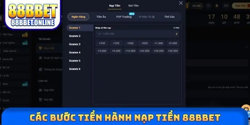 Các bước tiền hành nạp tiền 88BBET